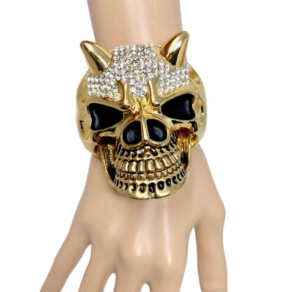 Chunky Horned Skull Golden Bracelet Rhinestones